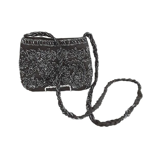 Vintage 80s Black Beaded Micro Crossbody Union Made Snap Closure Evening Wear - Picture 2 of 13